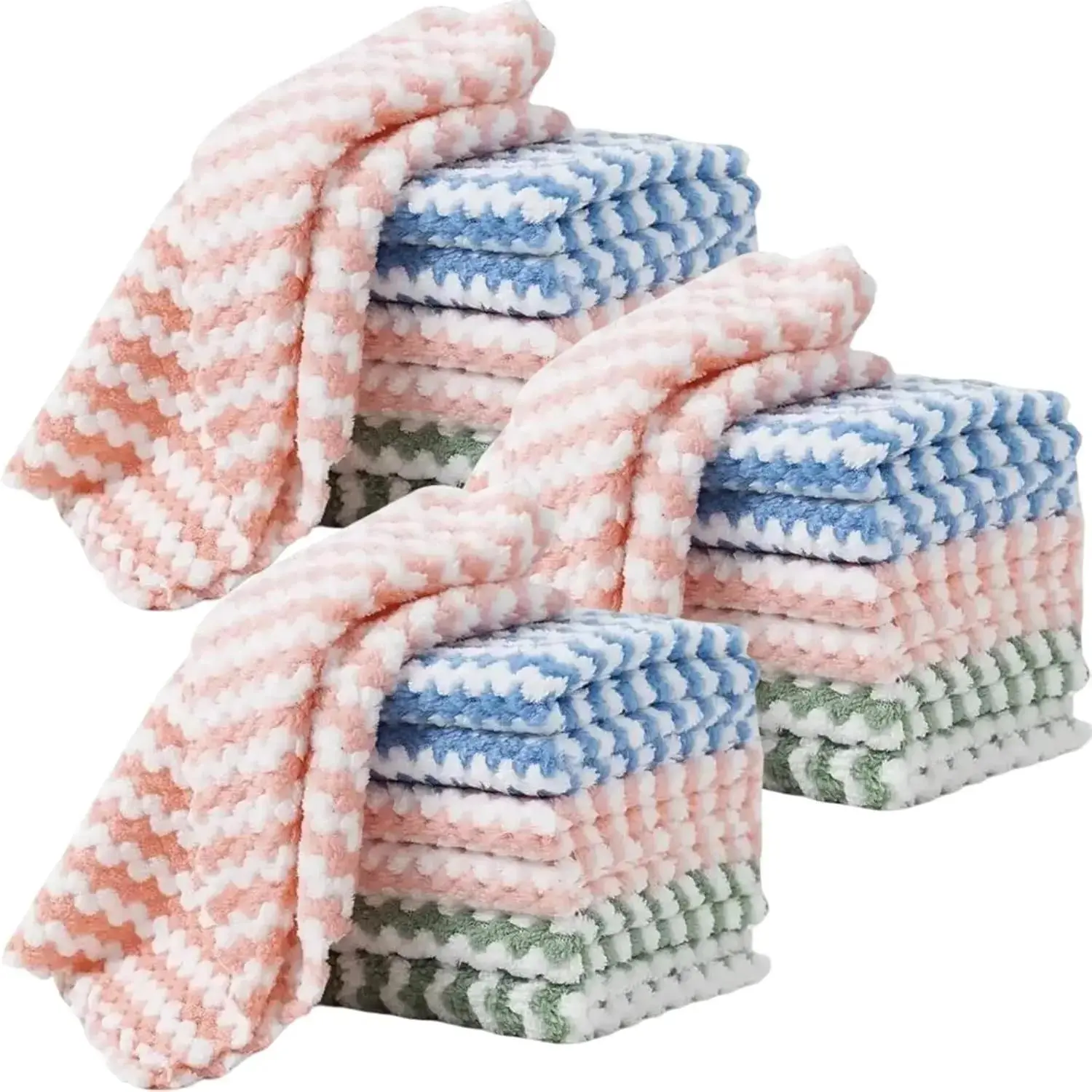 10-Piece Coral Fleece Microfiber Cleaning Towels, Soft Reusable Washable Wipes, Household Cleaning Supplies for Kitchen Surfaces & Automobile Upkeep, Safe for Cold Cycle Washing (With Storage Bag Pack), Towel, Stripe