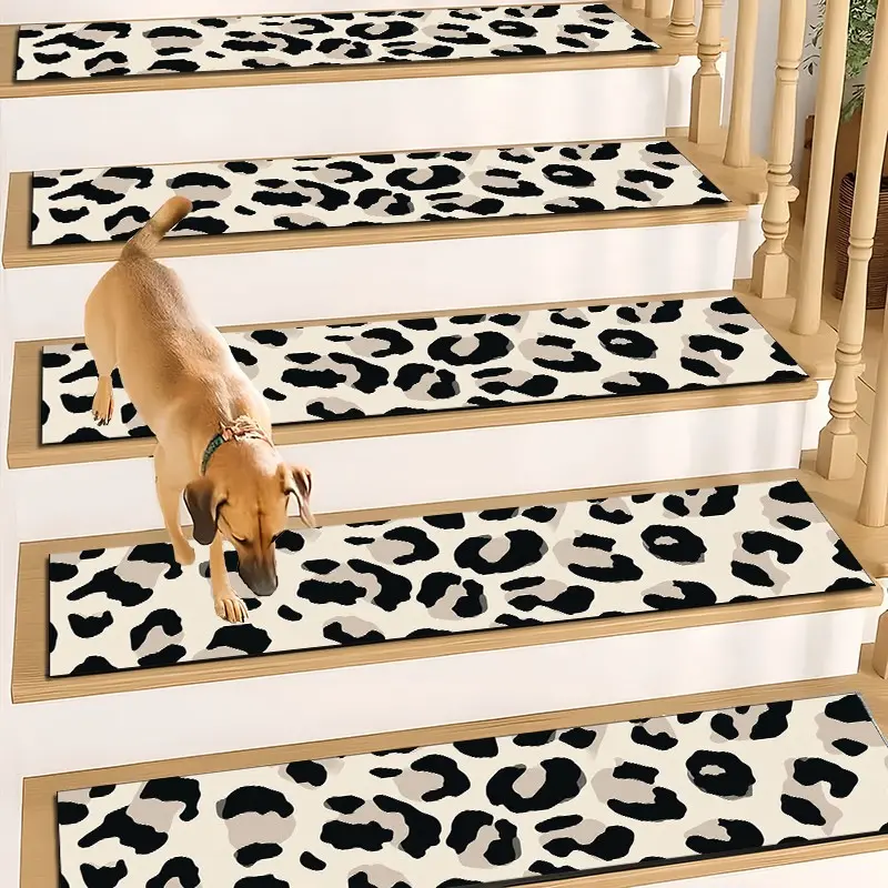 6/8/15pcs Vintage Cream Leopard Print Diatom Mud Stair Treads, Printed Rug Super Absorbent Non Slip Carpet Mats for Wood Steps, Quick Drying Moisture Wicking Stair Runners, Anti Slip Washable Rugs for Dogs Kids Elderly