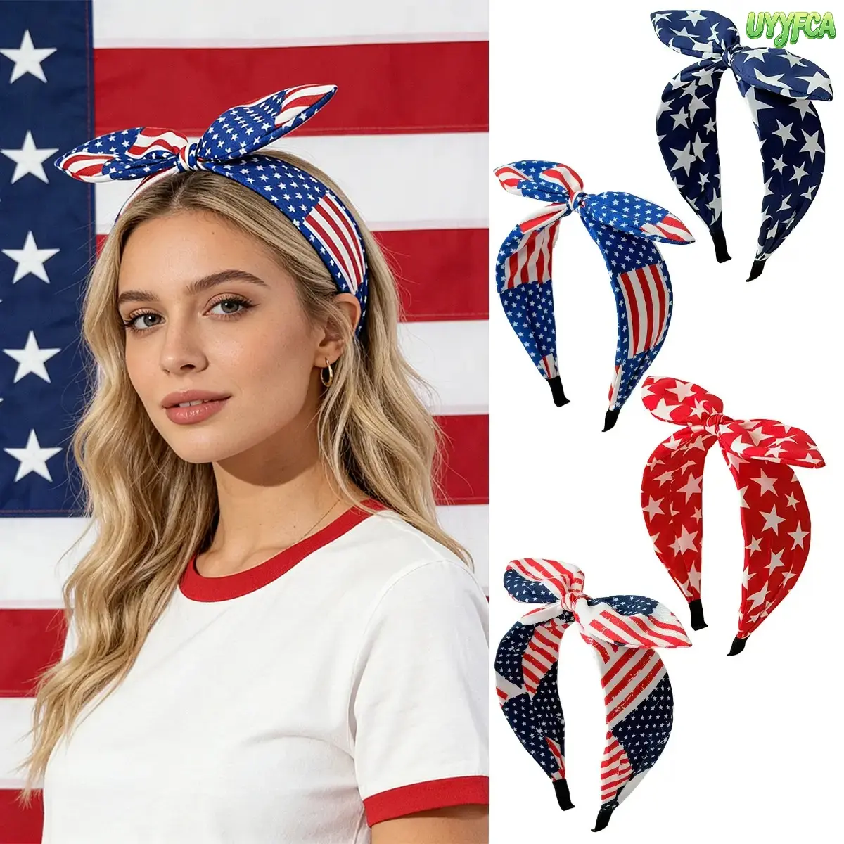 4 Pack 4th of July Patriotic Bow Knot Headbands For Women Girls, Vintage Distressed USA Flag Star And Stripes Printed Wide Hair Bands, Anti Slip Fabric Holiday Hair Accessories,Independence Day Memorial Day, Labor Day Parties And Daily Casual Outfits