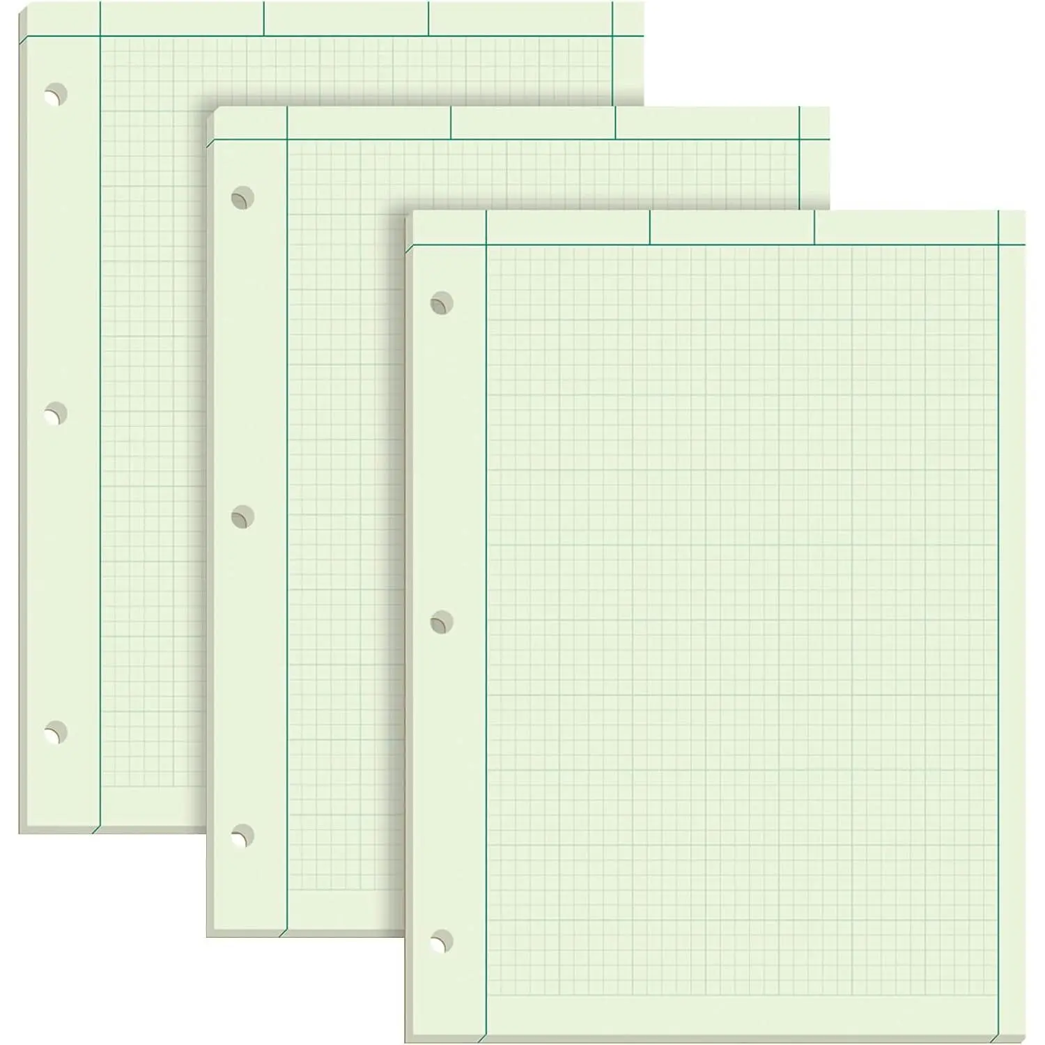TOPS Engineering Notebooks, Graph Notebooks, 3 Pk Quad Ruled Pad, 8-1/2" x 11", Glue Top, 5 x 5 Graph Rule on Back, Green Tint Paper, 3-Hole Punched, 100 Sheets per Pad (35507A)