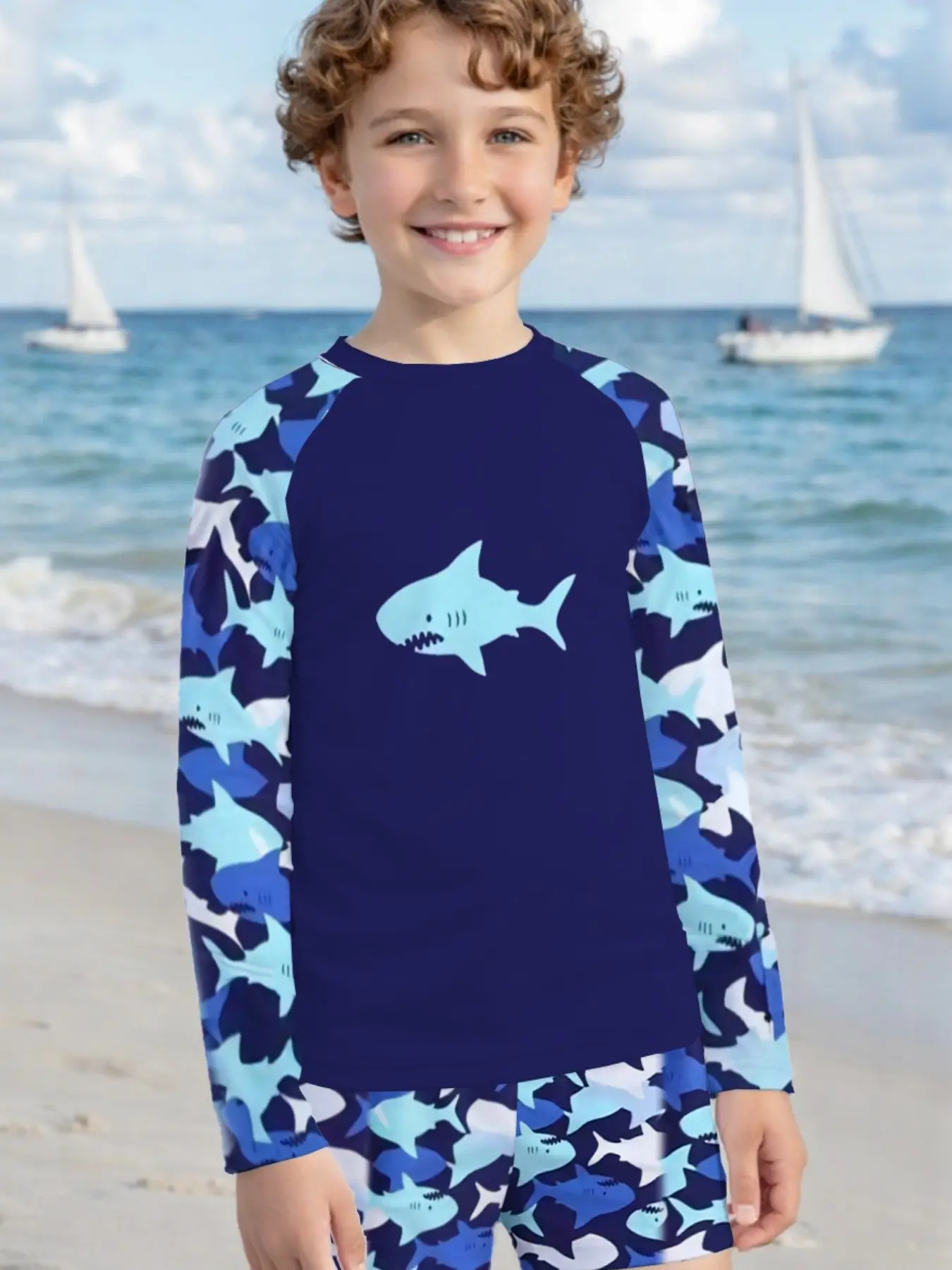 Boys' Shark Print Long Sleeve Surf Suit Set, Quick-Dry Separated Swimwear, Summer Swimwear, Beach Surfing Swimsuit, Kids' Coastal Clothing