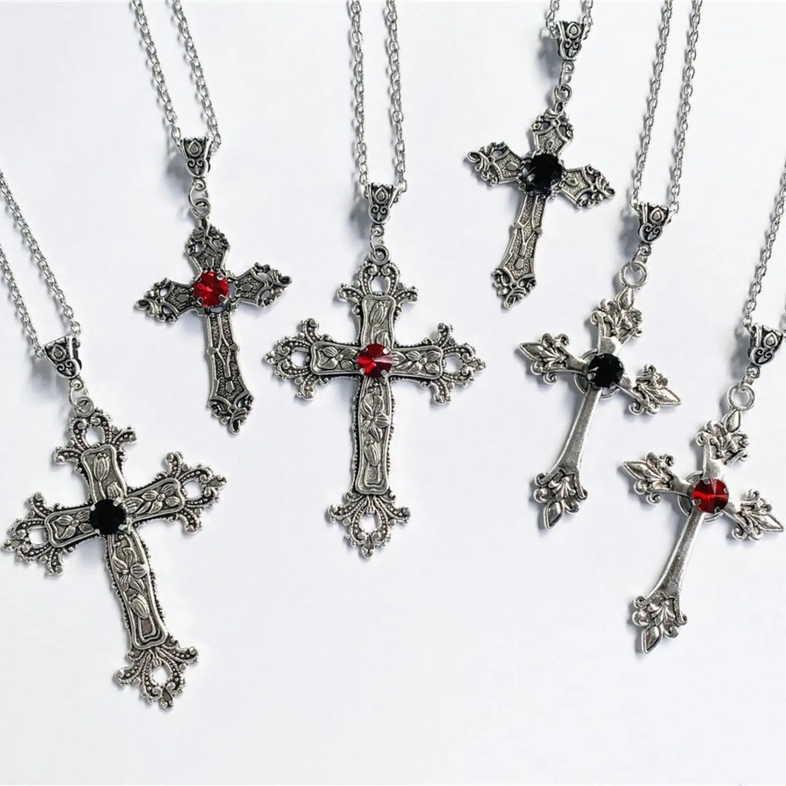 Vintage Gothic Cross Pendant Necklace, Antique Silver Embossed Floral Cross Chain, Red Black Rhinestone Decor Neck Jewelry, Punk Y2K Accessory for Women Men Streetwear Party Daily Outfit