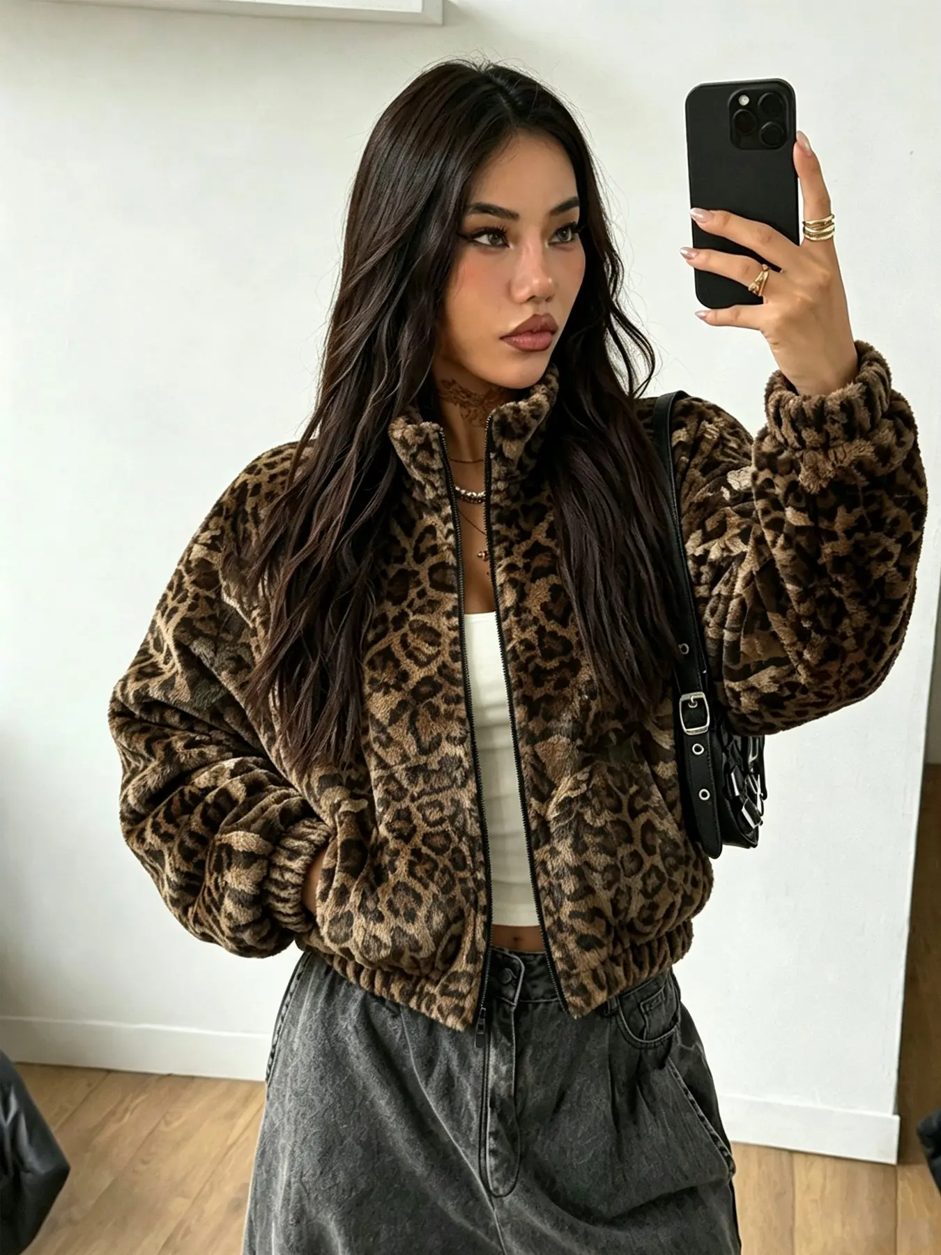 Women's Leopard Print Zipper Cardigan Jacket, High Neck Long Sleeve, Casual Fashion, Comfortable Streetwear, Outdoor Urban Style