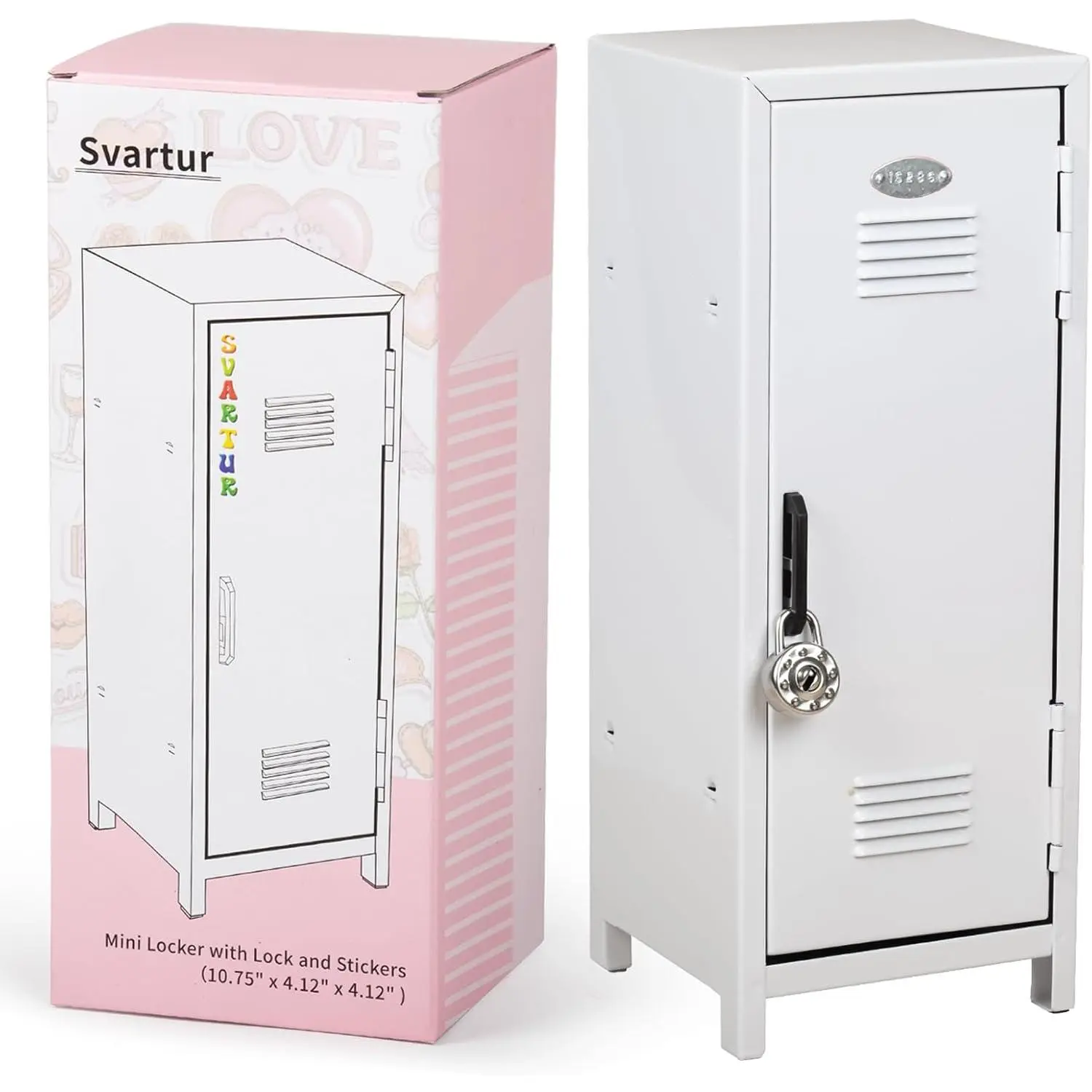 Mini Locker with Lock & Keys, Stickers, Small Locker for Desktop, Girls Lockbox Desktop Organizer, Money Safe and Cash Lock Box for Girls Safe, White