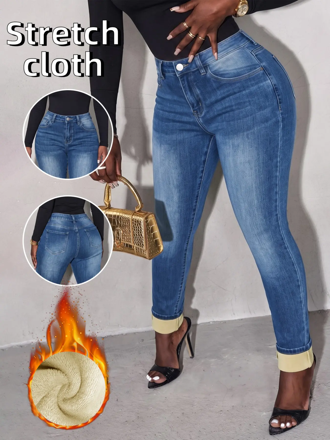 Women's High Waist Blue Fleece Lined Stretch Slim Denim Jeans, Casual Daily Streetwear, Autumn Winter Fashion, Comfortable & Stylish