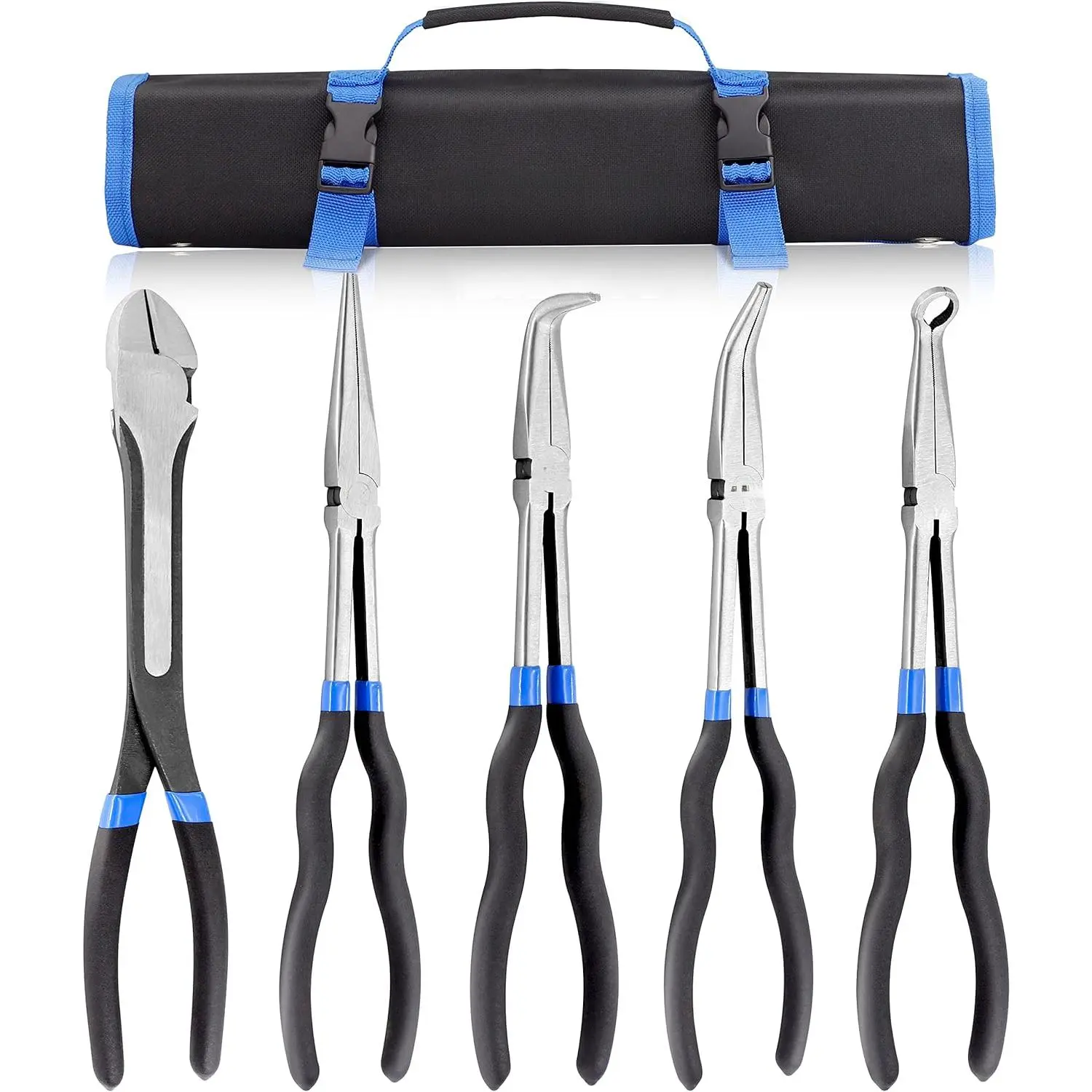 5-Piece 11 Inch Long Needle Nose Pliers Set, Extra Long Reach Pliers Set, 45 °   &90 °     Bent Needle Nose Pliers, Circle Nose and Diagonal Pliers  Narrow Spaces and Limited Areas