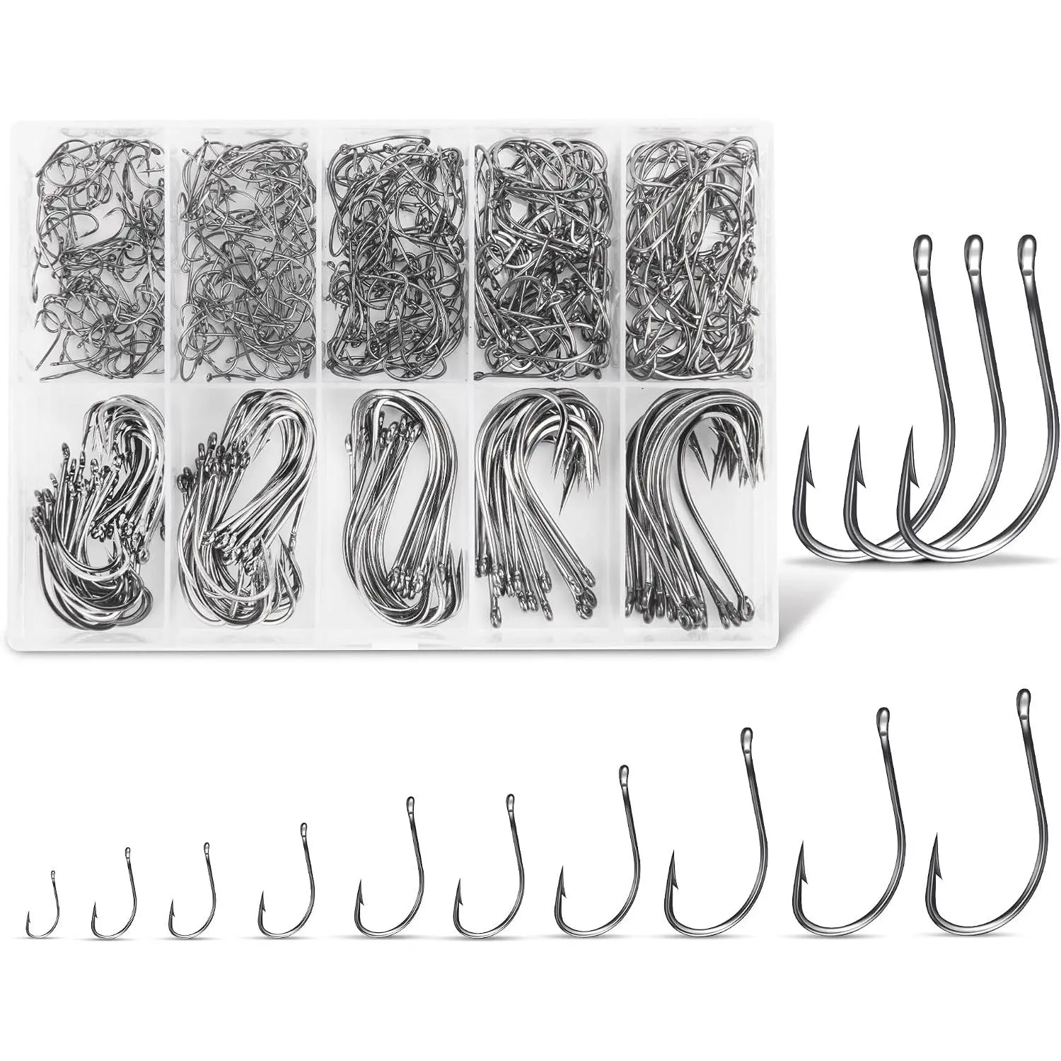 Carbon Steel Fishing Hooks 500 count/90Pcs, Circle Hooks  for Saltwater Freshwater Ice Fishing, Salt Water Fish Hooks for Catfish Trout Bass Octopus Multi Size