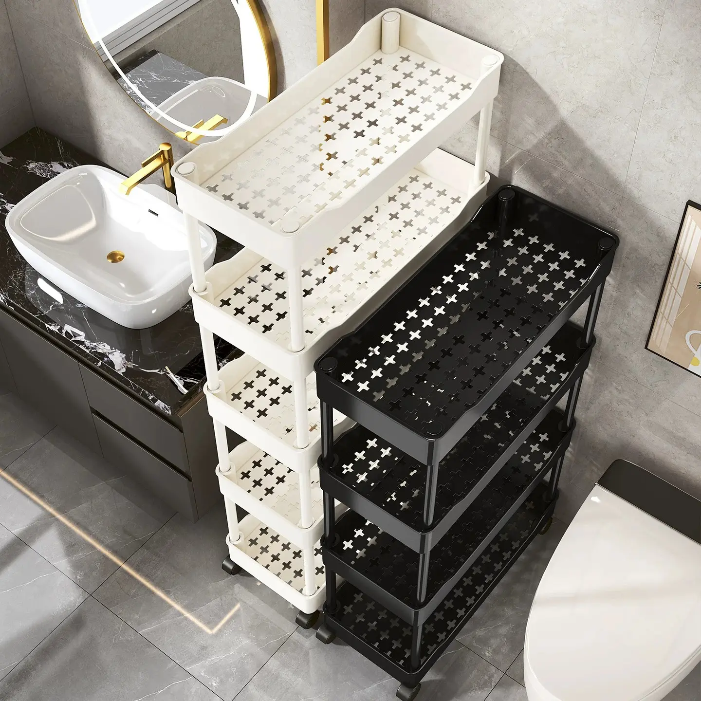 Bathroom gap storage rack, bathroom floor-standing storage rack, movable corner toilet trolley storage rack