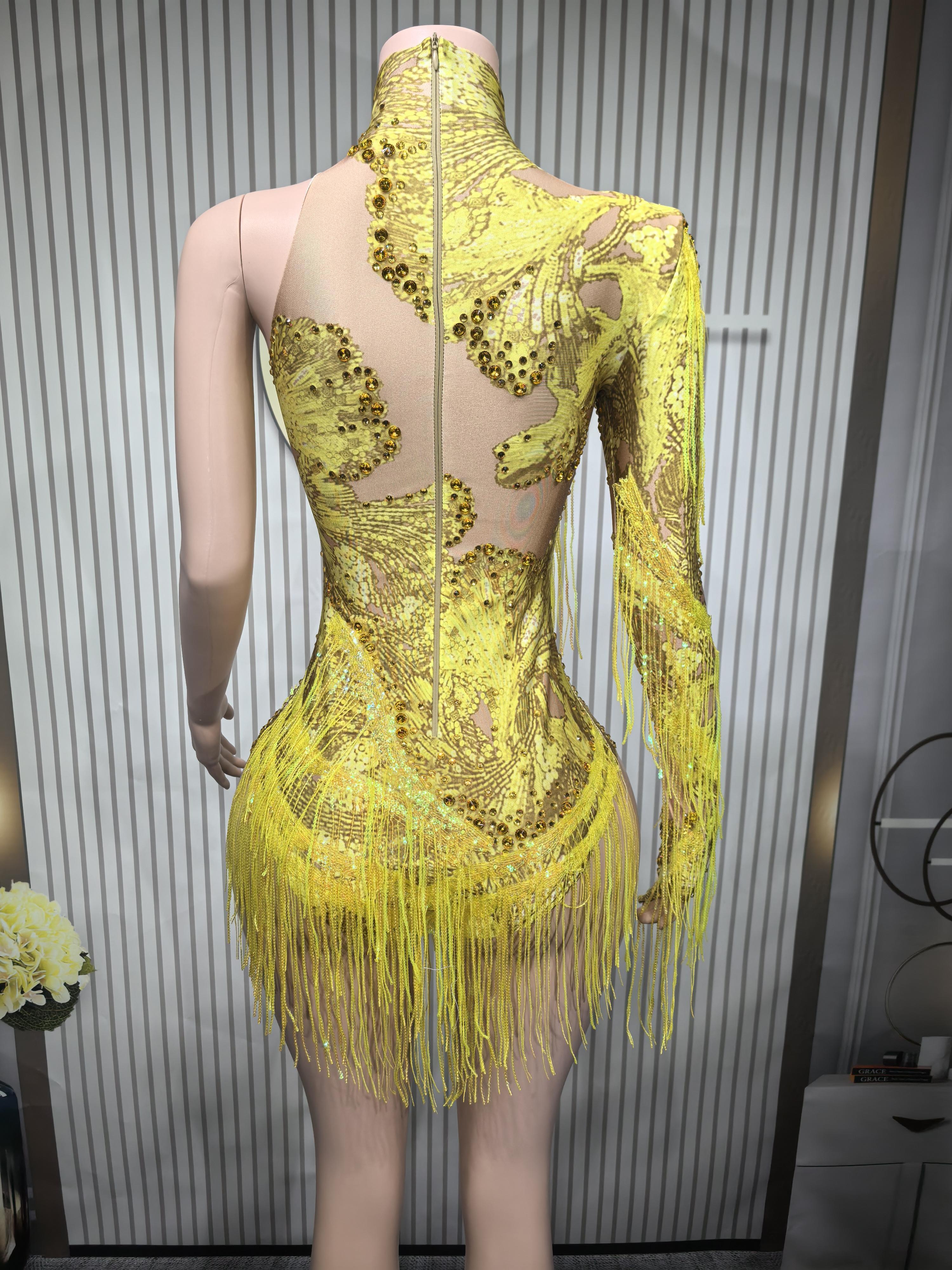 Gold Silver Sequins Tassel Elastic Bodysuit Sex)Pole Latin Dance Stage Wear Nightclub  DJSinger Dancer Performance Costume  Q025