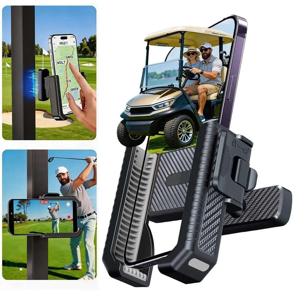 Golf Cart Mobile Phone Holder with N52 Base - ABS Plastic Holder System, 360-Degree Rotatable, Adjustable, Non-Slip Grip, Safety Latch, Place-and-Go Modern Mount for EZGO Club Smartphones - Men's Golf Accessory