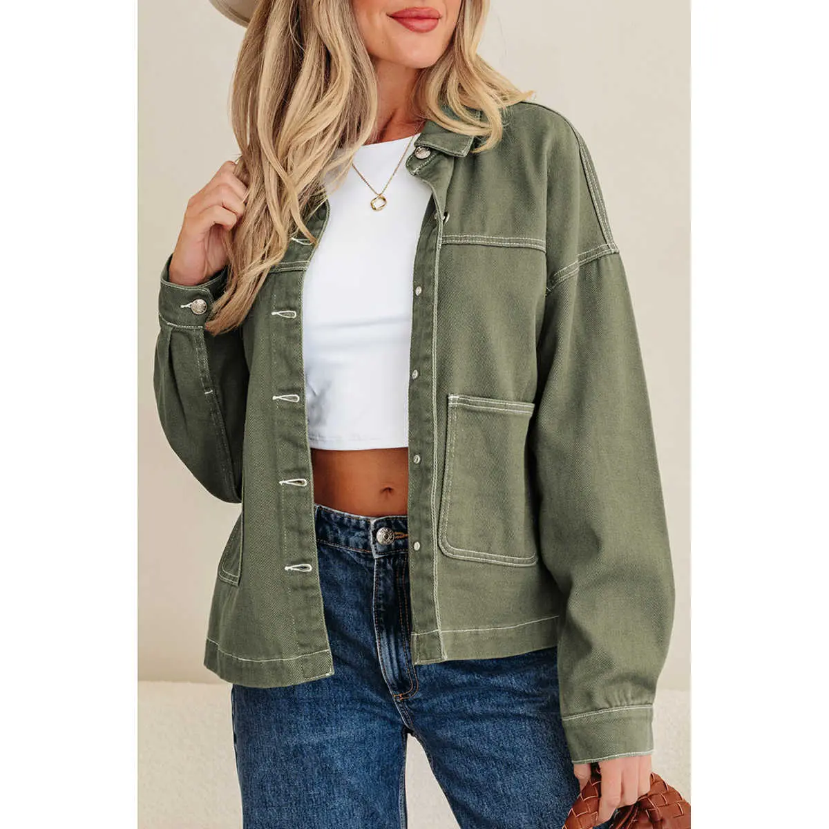 Smoke Green Patched Pocket Collared Button Front Boyfriend Denim Jacket