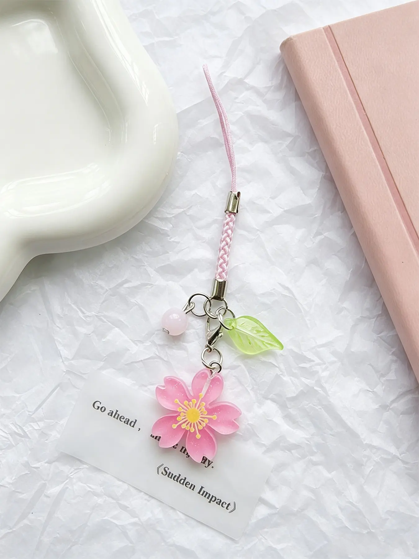 Pastel Sakura Flower Phone Lanyard, Cell phone strap, Cute Japanese Style Braided Bag Charm with Cherry Blossom, Leaf & Bead Details, Portable mini string strap for earbuds, keys & coin purses, aesthetic accessory for teen girls, Cellphone Accessories