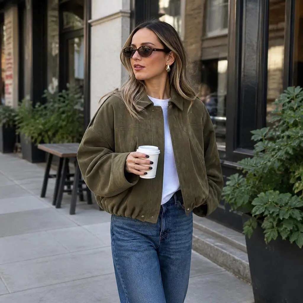 Women's Vintage Olive Suede Cropped Hem Jacket - Oversized Cut Collared Full Zipper Outerwear with Epaulets, Long Sleeves Soft Fabric Fall Winter Daily Streetwear Coat