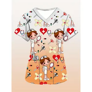 A Women's Cartoon All-over Print V-neck Nurse Uniform with Pockets, a Casual and Comfortable Polyester Scrub, Short-sleeved Doctor's Workwear