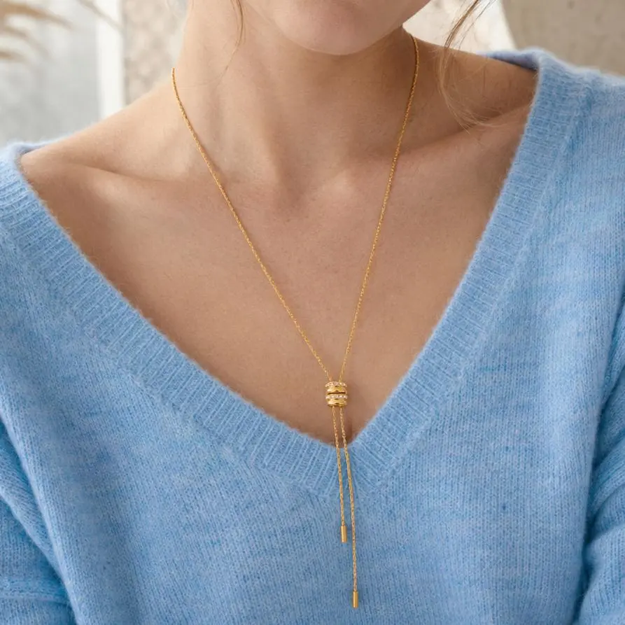 18K Gold Plated Adjustable Y-Shape Long Sweater Chain Necklace for Women, Sliding Slip Knot Design with Cubic Zirconia Barrel Pendant, Stainless Steel Waterproof Hypoallergenic Jewelry Gift