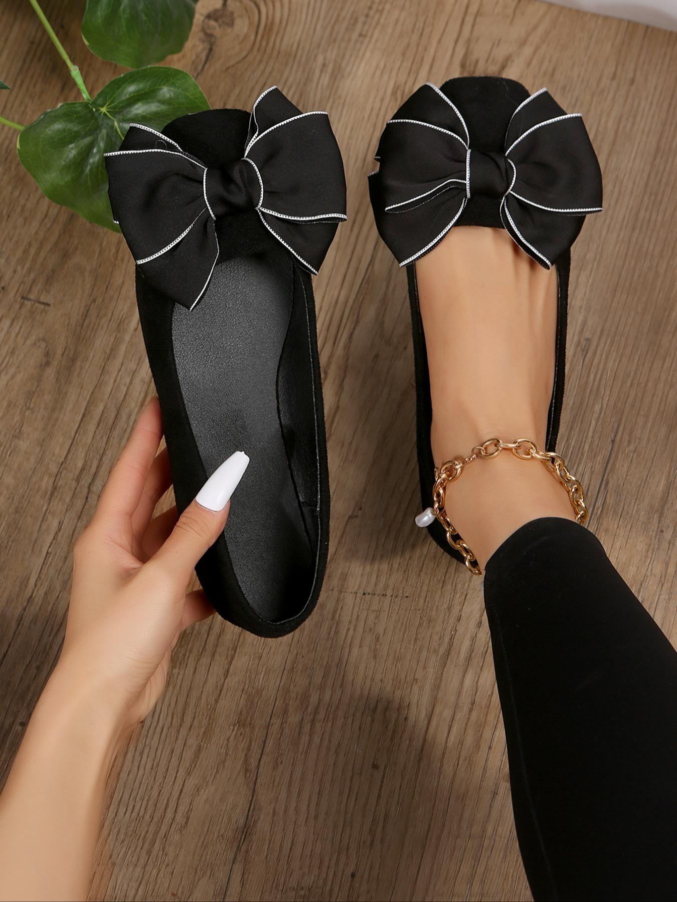 Women's Elegant Bow Decorated Slip on Flats, Trendy Contrast Binding Square Toe Flat Shoes, Fashionable Shoes for Daily Wear