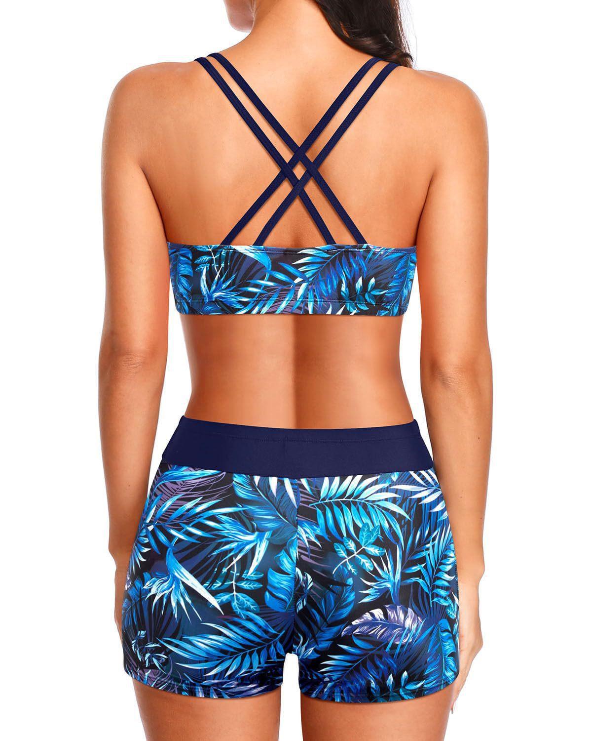 Women's Mint Green 3-Piece Tankini Swim Set - Racerback Tank Top with Floral Boyshorts & Sports Bra for Modest Beach Wear