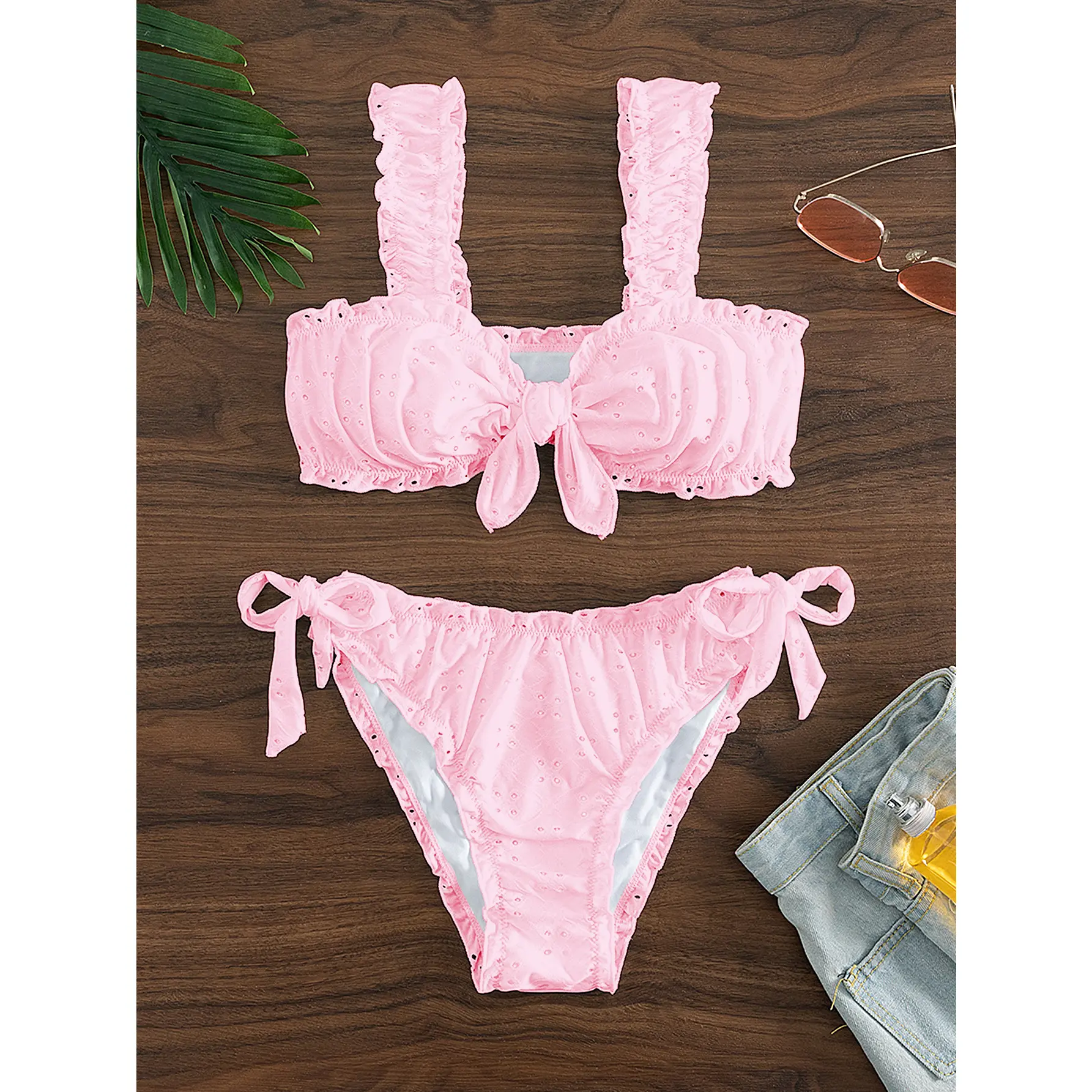 Summer season, pure color, women’s two-piece detachable bikini swimsuit set,Eyelet Embroidery Bikini Set, Ruffle Straps Bow Front Two Piece Swimsuit, Cute Tie Side Bathing Suit for Beach