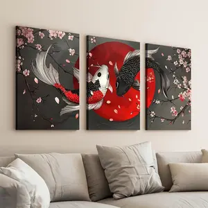2D 3-piece Koi fish wall art decoration, suitable for living room, bedroom, office; canvas print, triptych, suitable for anniversary, birthday, housewarming gift