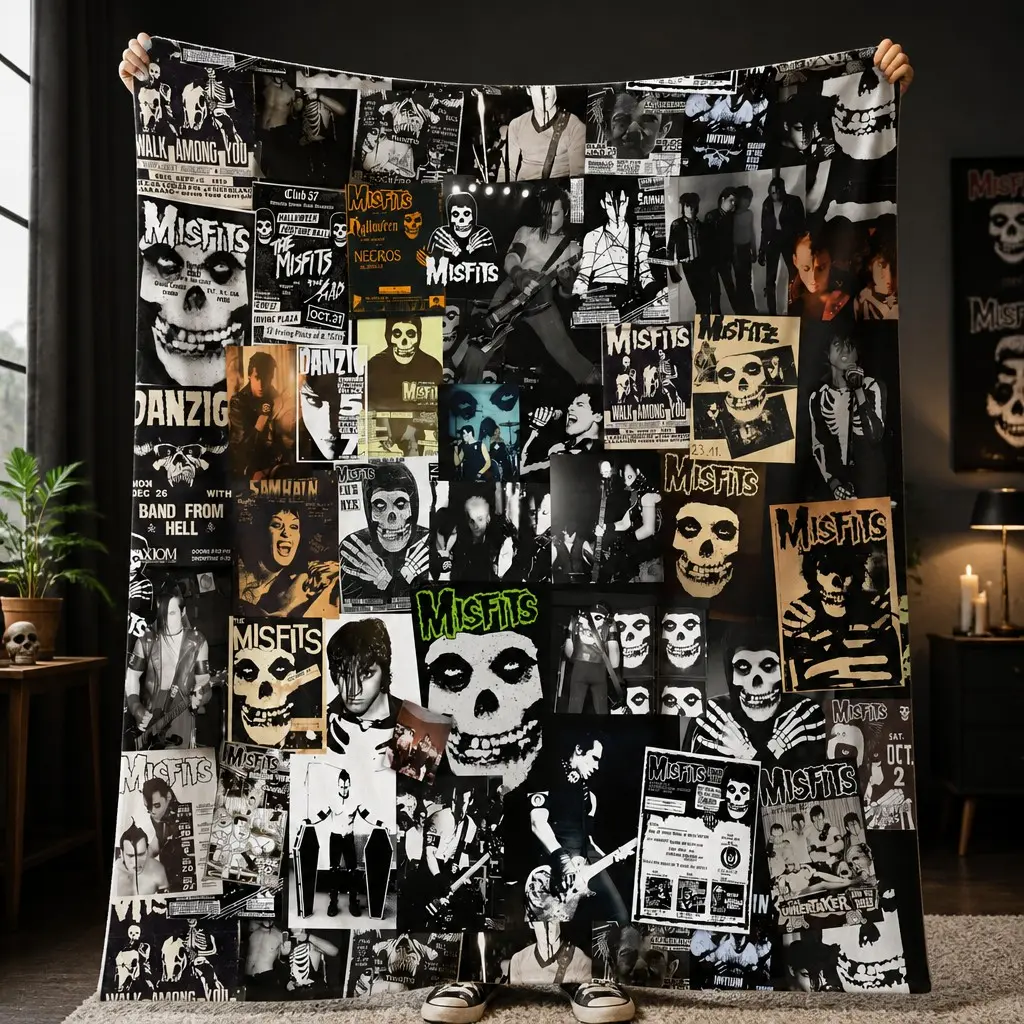 Misfits Punk Rock Collage Flannel Blanket, Vintage Skull Band Poster Throw, Gothic Room Decor, Music Fan Gift for Sofa Bed