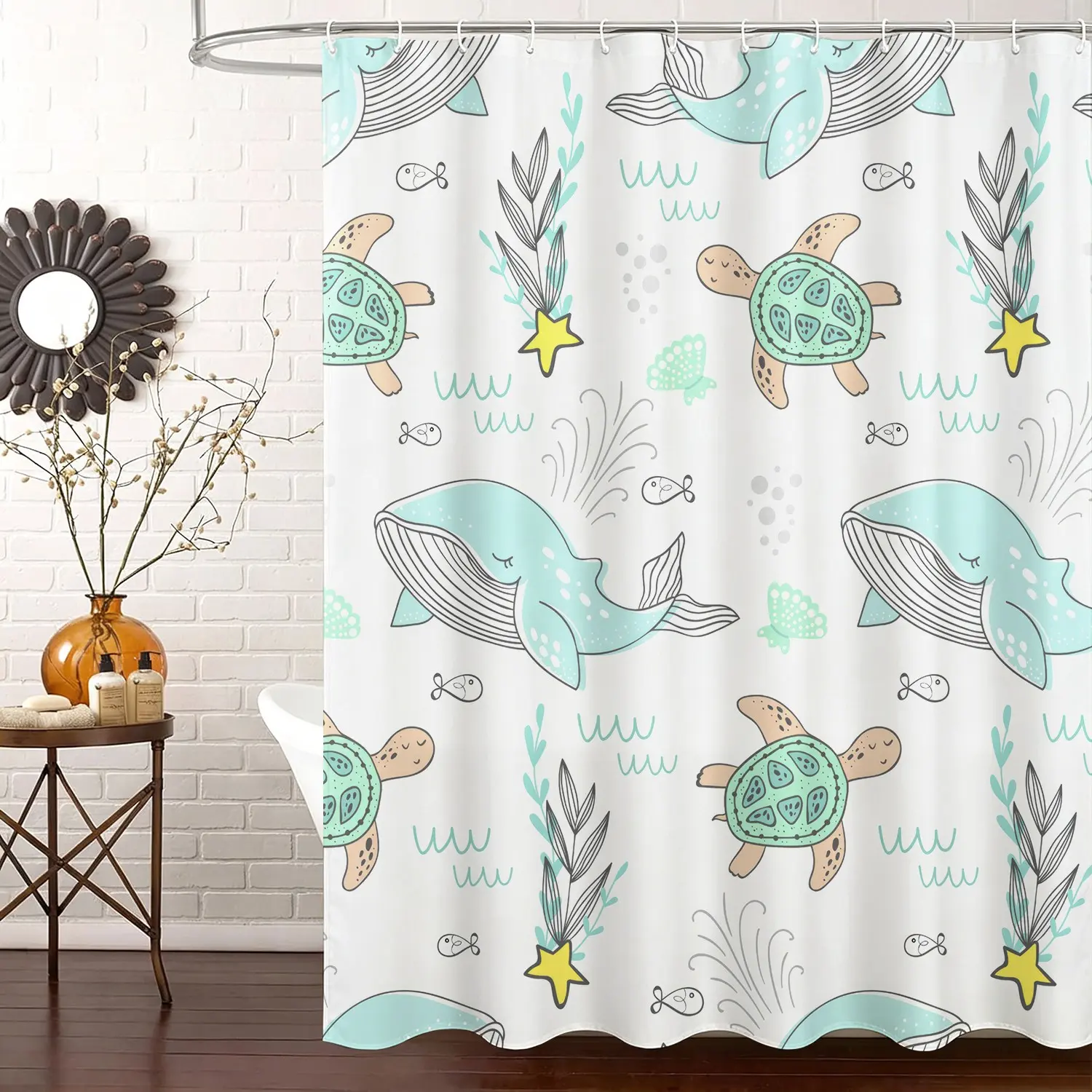 Kids Shower Curtain, Cute Ocean Whale Sea Turtle Fish Underwater World Bathroom Decor for Boys Girls 72 x 72 Inch Polyester Fabric Waterproof Bath Curtain with 12 Hooks