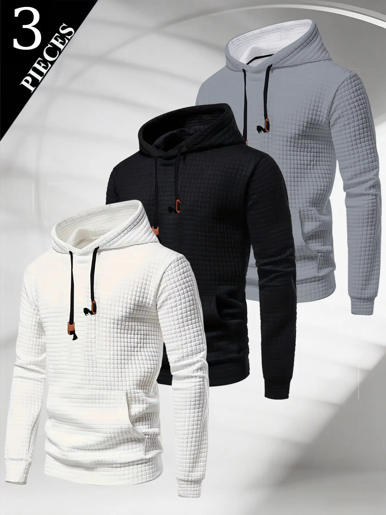 Men's Waffle Knit Casual Hooded Sweatshirt, Classic Plain Design with Pockets, Loose-Fitting All-Season Outerwear