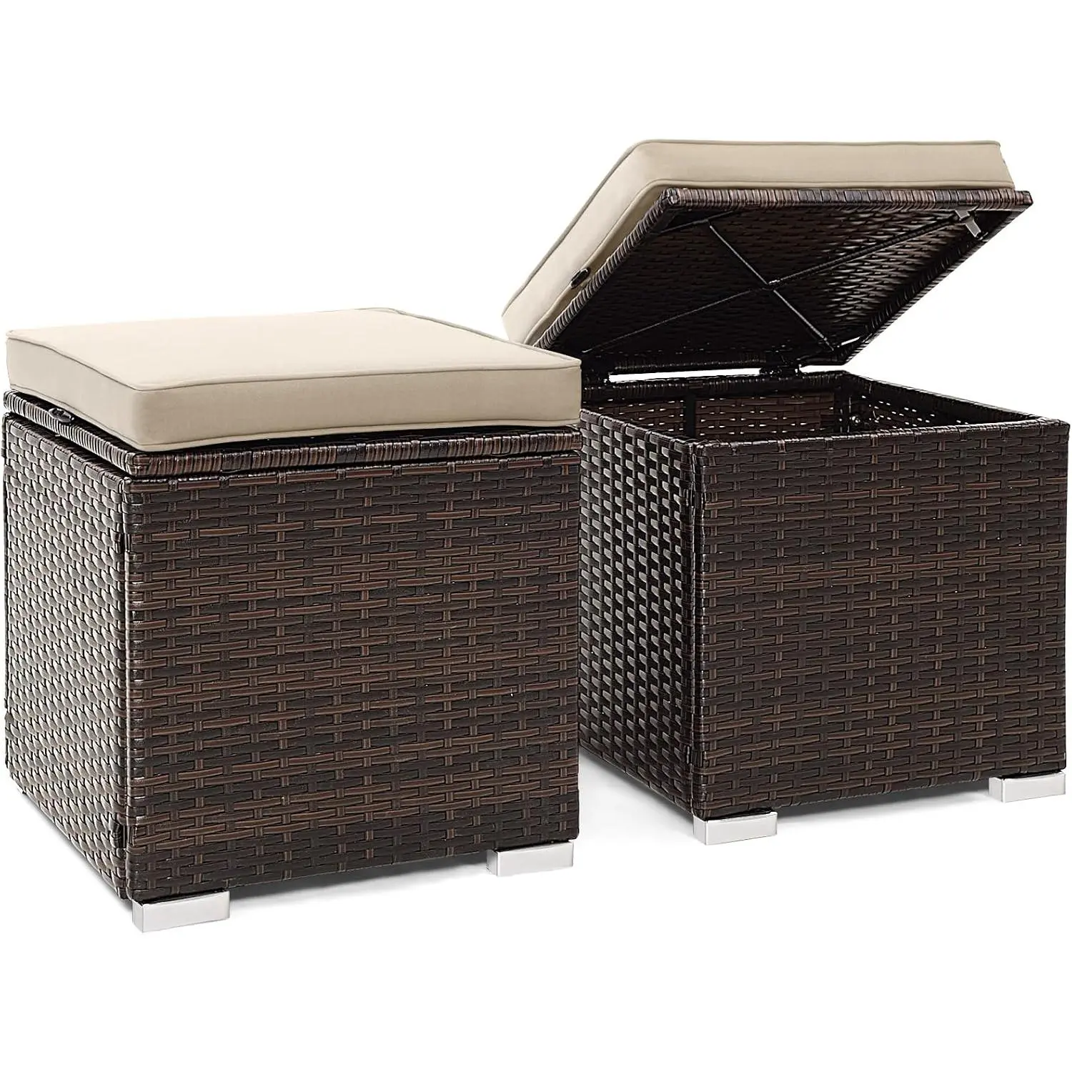 2-Piece Patio Ottomans Set with Hand-Woven PE Rattan Side Table, Removable Cushion, Hidden Storage Space, Multifunctional Storage Box, Seat for Patio, Backyard, Poolside - Beige