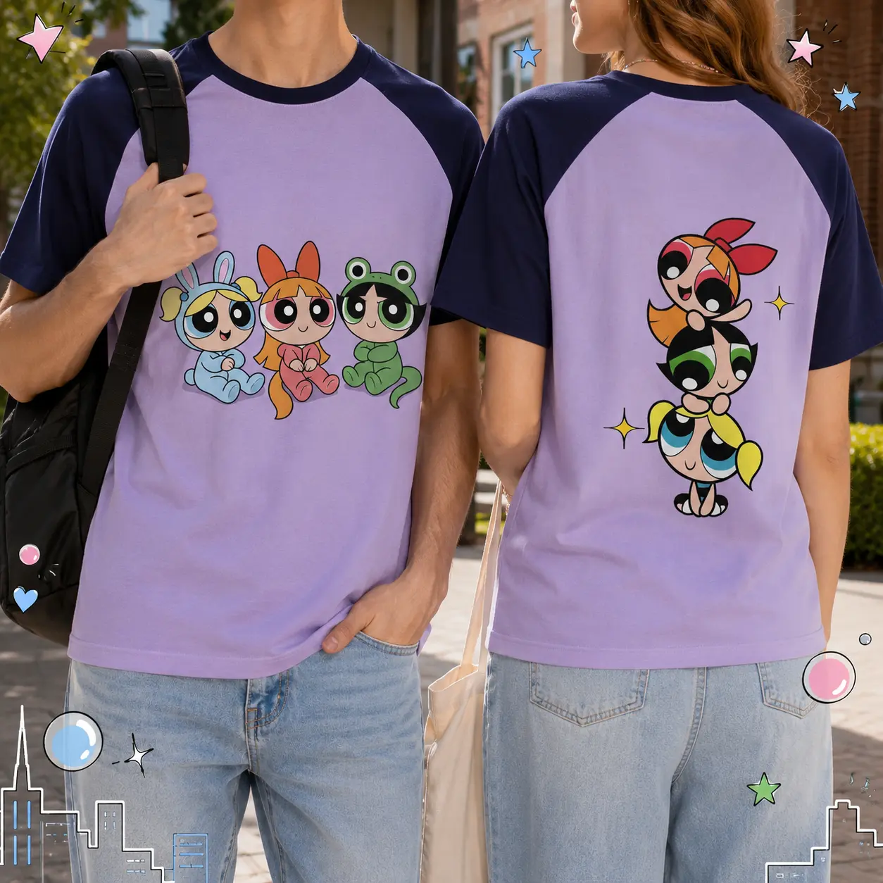 Powerpuff Girls Graphic Raglan Short-Sleeve T-Shirt, Front & Back Cartoon Print Crew Neck Color Block Tee, Y2K Retro Casual Top for Women and Teens