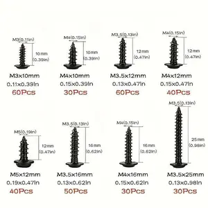 Carbon Steel Flat Head Phillips Self-Tapping Screws 340 Pack, Mixed Sizes M3 M3.5 M4 M4.8, Wood Fasteners for DIY Furniture