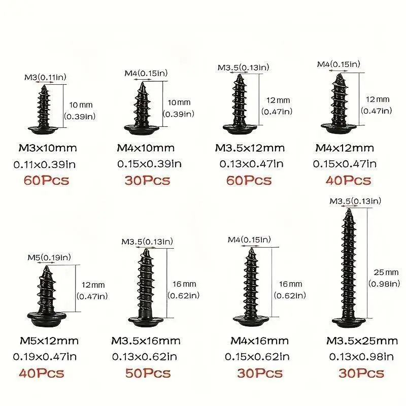 Carbon Steel Flat Head Phillips Self-Tapping Screws 340 Pack, Mixed Sizes M3 M3.5 M4 M4.8, Wood Fasteners for DIY Furniture