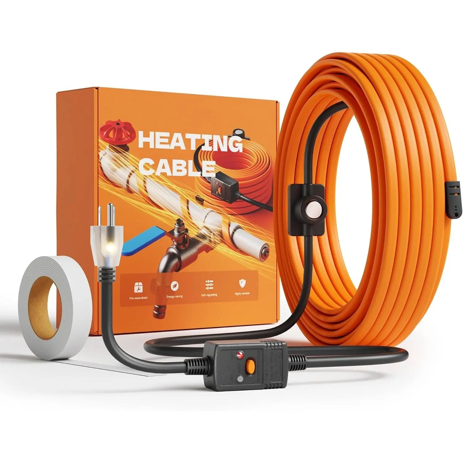 Heat Tape for Water Pipes with Thermostat, Anti-Freeze, Electric Heat Tape, Keeps Water Flowing at -22℉/-30℃, 25FT, Orange, Listed 120V