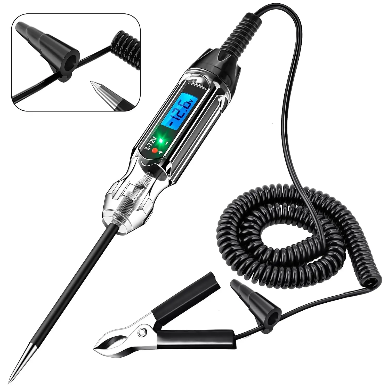Heavy Duty 3-72V Backlit Digital LCD Circuit Tester, Automotive Test Light with 140 Inch Extended Wire and 2 Polarity Indicate LED Lights,   Low DC  & Light Tester with Stainless Probe