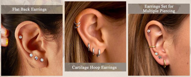 Trendy 8 Pairs Simple Classic Stud Hoop Earrings Mysterious Surgical Steel Earrings for Sensitive Ears Hypoallergenic for Women Men Charming Small CZ Flat Back Cartilage Earrings Set Unique Design Show An Unrestrained Attitude Simple Smooth Surface