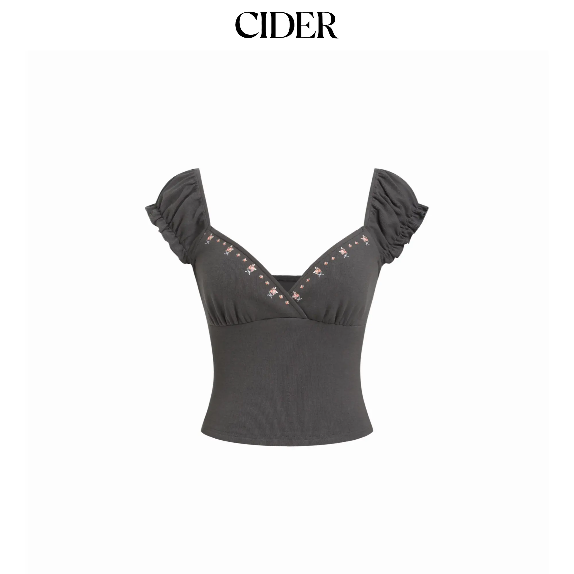 Cider Cotton-blend V-Neck Floral Embroidery Ruched Puff Ruffle Sleeve Top