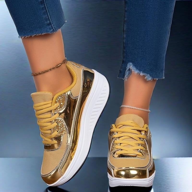 Women's Glittery Golden & Yellow Sneakers - Lightweight, Breathable Mesh Upper, Comfortable EVA Sole for Walking, Running, Yoga & Casual Wear