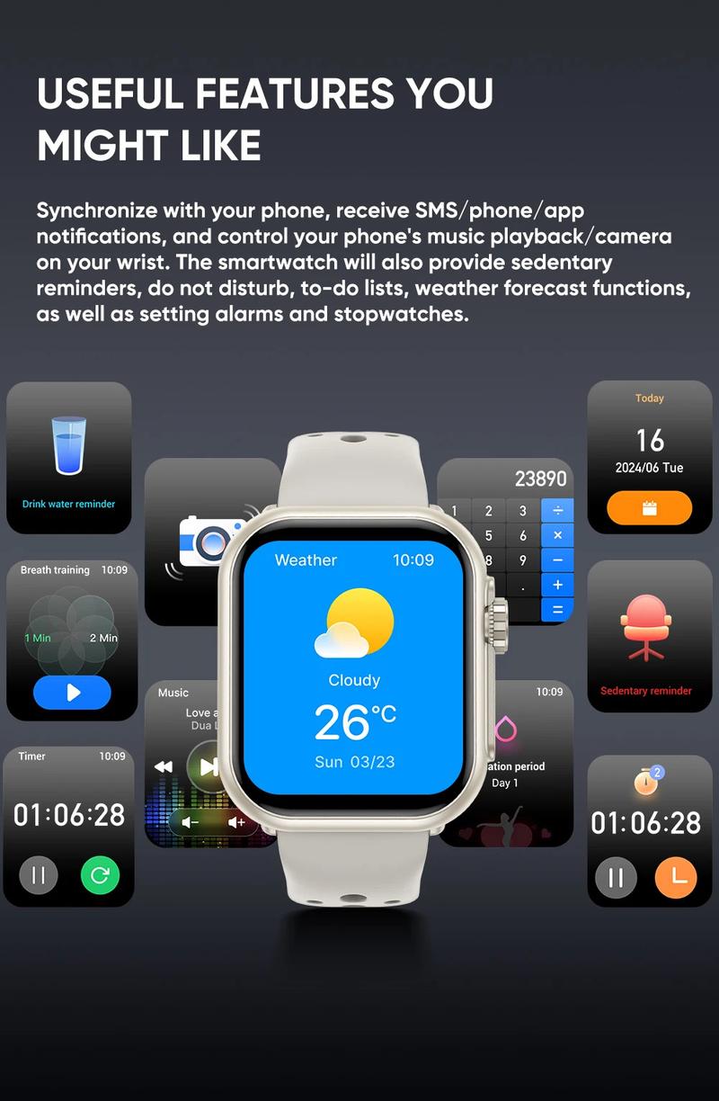 K62APP For IOS Watch Ultra 2 SE 1000mAh Battery GPS AMOLED Display Bluetooth Call Sport Waterproof Smart Watch Men Women Android iOS Compatible Wearable Card Charging Magnetic Screen Wireless Black