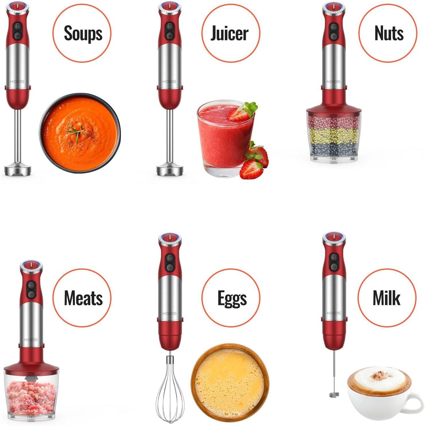 5-in-1 Hand Immersion Blender, 1000W 12 Speed Handheld Blender Stick with Copper Stainless Steel , 600ml Mixing Beaker,500ml Processor, Whisk, Milk Frother, Non-BPA, Red 5-in-1 Hand Immersion Blender, 1000W 12 Speed Handheld Blender Stick with Copper Stainless Steel , 600ml Mixing Beaker,500ml Processor, Whisk, Milk Frother, Non-BPA, Red