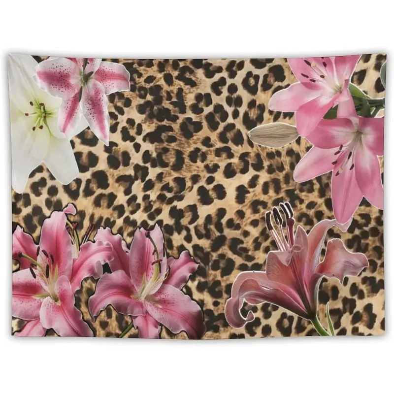 Gyvif Leopard Print Lily Flower Tapestry Wall Hanging Pink Floral Coquette Room Decor Y2K Aesthetic Wall Art for Bedroom Girly Dorm Decor Cute Botanical Tapestry for Apartment and Living Room
