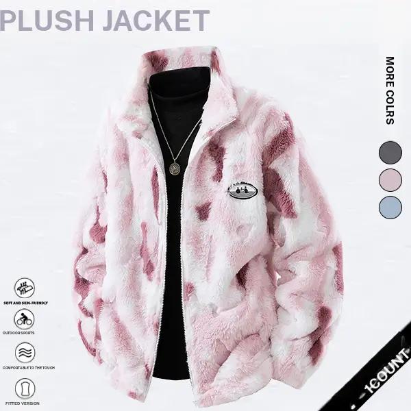 Men's Friendship lasts forever chest badge Thickened warm plush jacket, Warm Windproof Coat with Pockets, Casual Fall & Winter Outerwear, Long Sleeve Zipper Design Menswear SpringStatements