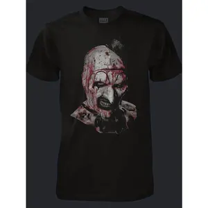 Upgrade your casual wardrobe with this Terrifier Art The Clown Bloody Vintage Horror Portrait Short Sleeve Crew Neck Pullover Tops, Distressed Blood Splatter Evil Clown Graphic Regular Fit Knit Tees With Skin Friendly Slight Stretch Non-Sheer Fabric, Clas