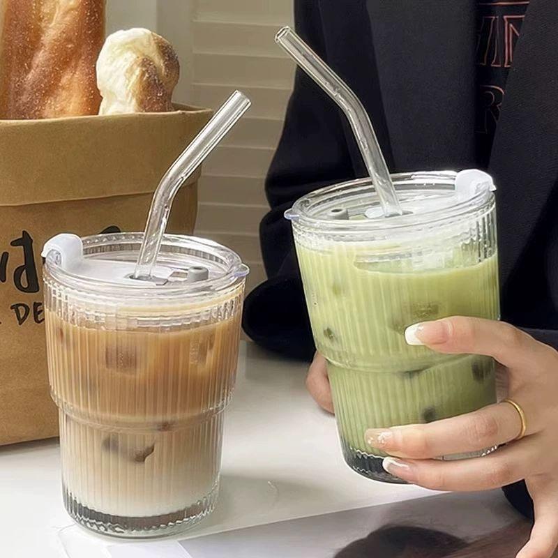 Glass Cup with Straw & Lid, 2/4 Counts Reusable Clear Glass Tumbler Cup Set, Washable Portable Convenience Straw Drinking Cup for Home Kitchen & Office Use, Summer Gift for Friend, Traveling Gadgets, Summer Cool Bottle Mug, Drinkware #GLOBAL PICKS