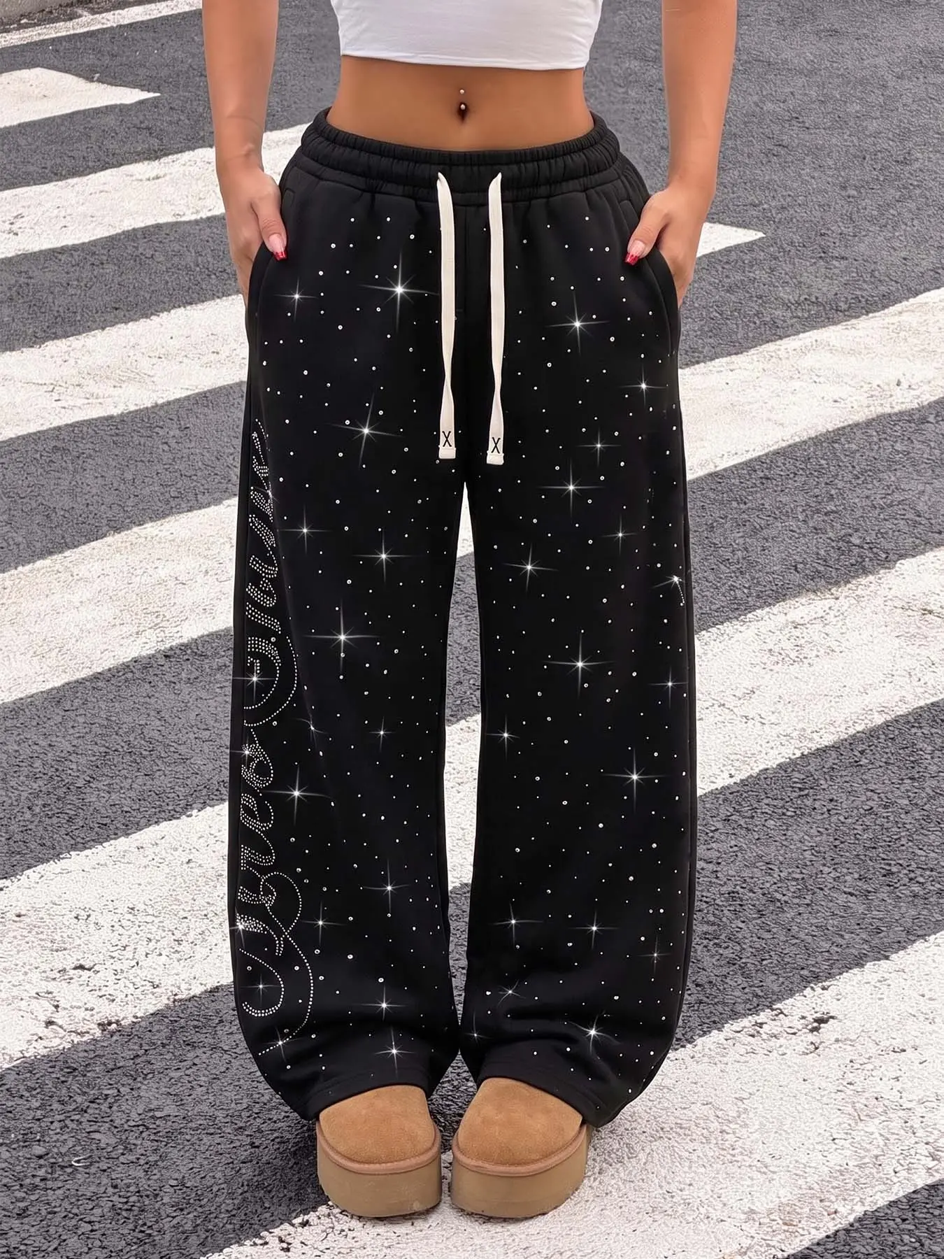 Black rhinestone wide-leg sweatpants, sparkling star crystal drawstring joggers, letter-printed loose pants, soft casual streetwear bottoms, stylish hip-hop everyday wear, perfect for party and club outfits.