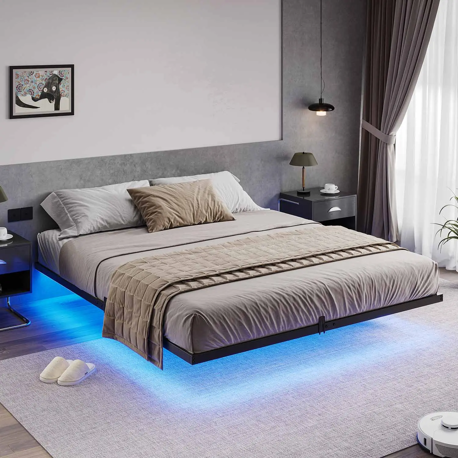 SIKAIC Black Floating Bed Frame - Modern Metal Bedroom Bedframe, LED Bed Frames, California King Size, Box-Spring Free, 37.5/39.7/46.3/46.3 lbs, 80"L x 60.2"W x 7.7"H