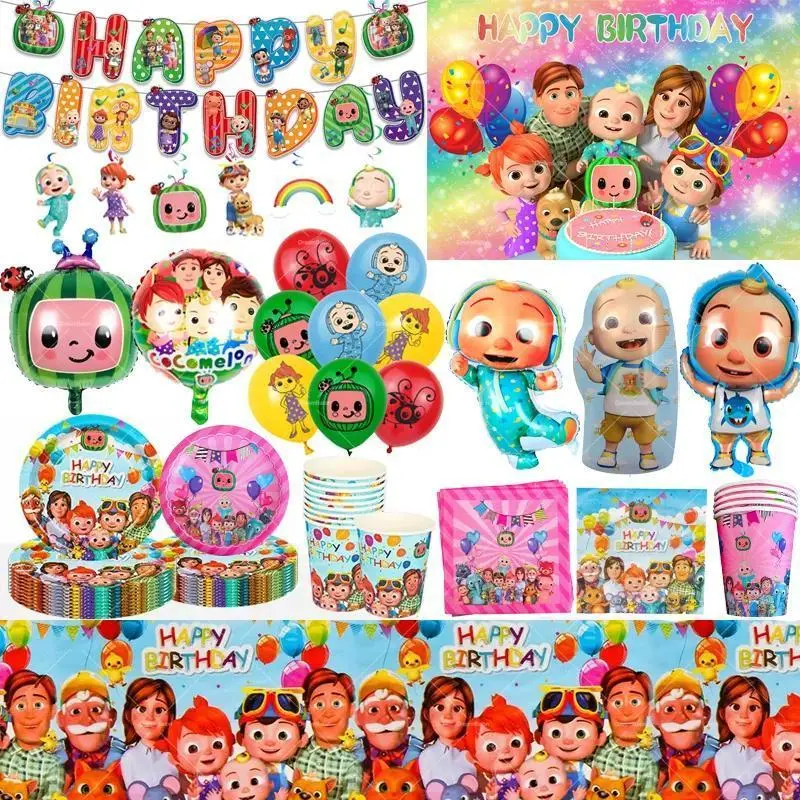 Cocomelon Balloons Cartoon Watermelon Baby Cake Topper Birthday Banner Party Decoration Background Stickers Disposable Tableware