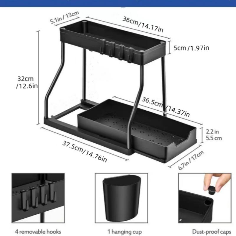 2 Layer Pull Out Storage Rack, 1 Count Large Capacity Adjustable Dividers Drawer Organizer, Kitchen and Bathroom Storage Rack, Double Tiers Cutlery Holder, Home Organizer for Kitchen and Bathroom, Drawer Dresser Organizer, Kitchen Sink Rack