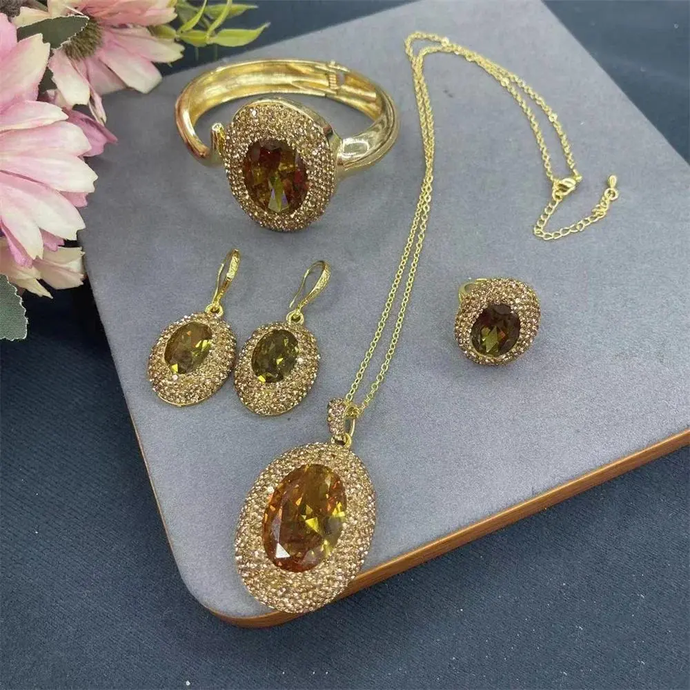 Women's 4-in-1 AAA Grade Copper+Crystal Diaspore Set, Hot Zultanite Color-Changed Quartz Jewelry Bangle Necklace Set, Turkish Party Wear Gift
