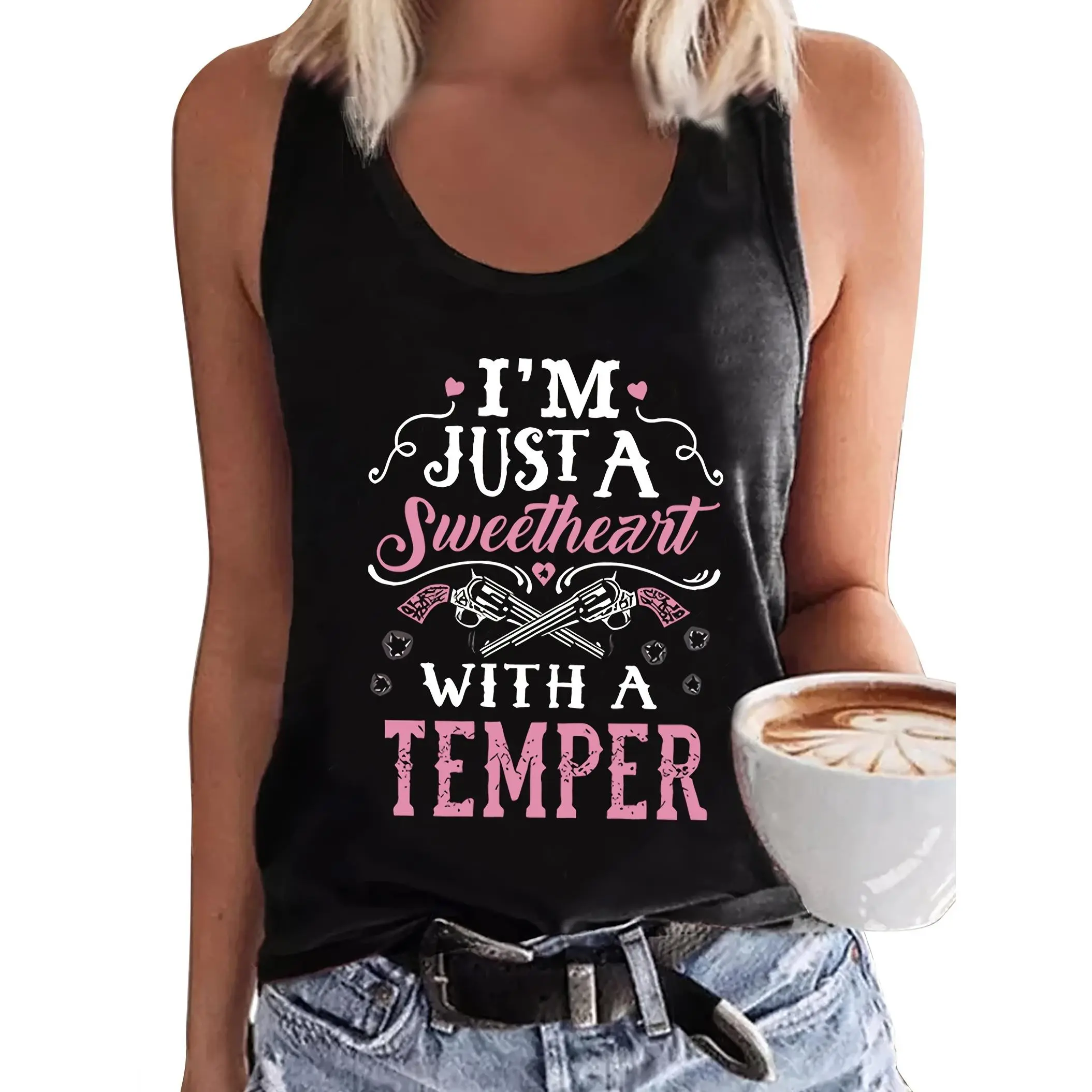 Gothic Text Graphic Tank Top For Women, Tattoo Curvy Body Positive Sleeveless Casual Summer Tank Shirt, Alt Goth Tattoo Lover Ladies Daily Outfit