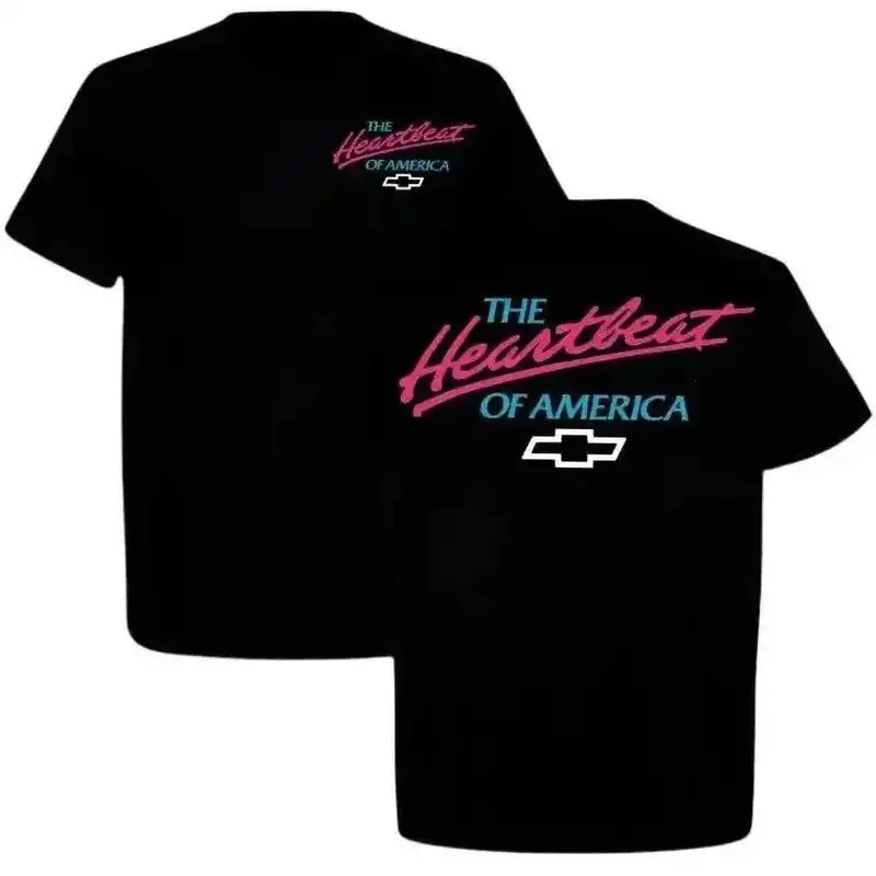 The Heartbeat Of America Chevy Graphic Tee, Retro Neon Full Color American Car T-Shirt, Unisex Black Double-sided Print Casual Crew Neck Short Sleeve Vintage Auto Enthusiast Top