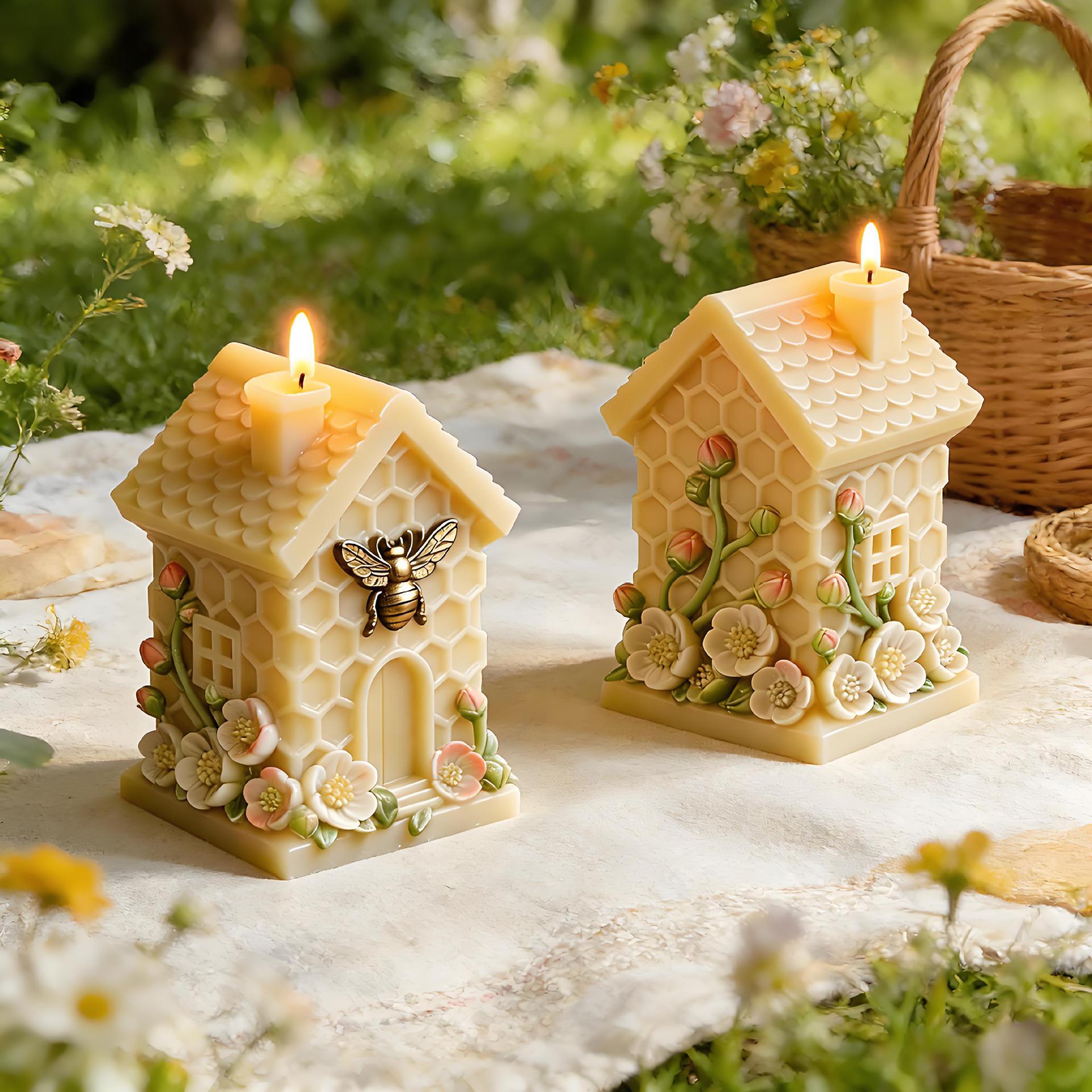 Honeycomb Small House Embossed Flower Candle Mold DIY Honeycomb Hut Shape Multifunctional Aromatherapy Plaster Epoxy Soap Mold Easy To Release Creative Handmade Ornaments