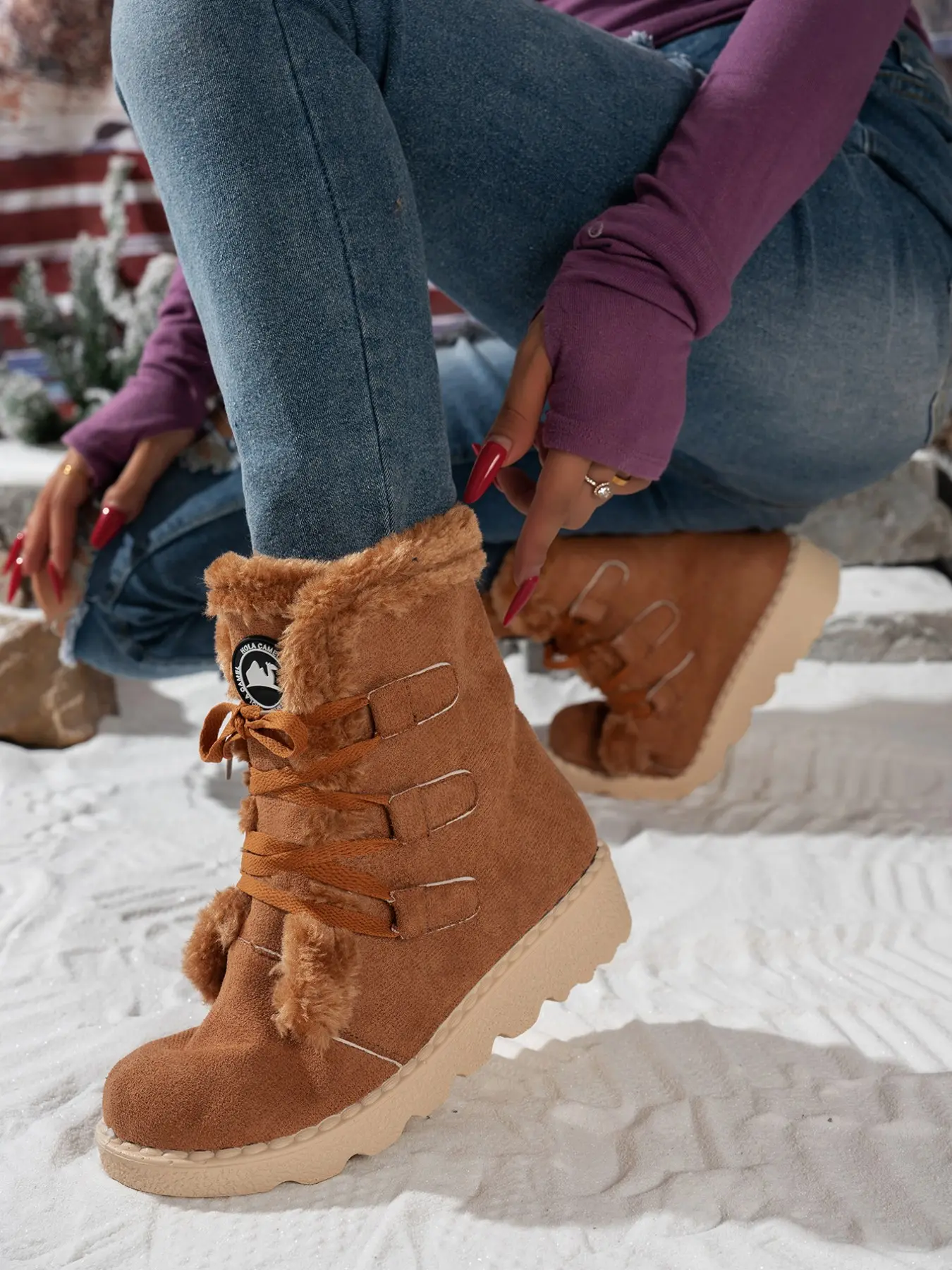 Women's Mid-Calf Laced Plush Snow Boots, Thick Warm Fleece Lining, Non-Slip Sole, Winter Outdoor Camping, Daily Commute, Christmas, Street Shopping